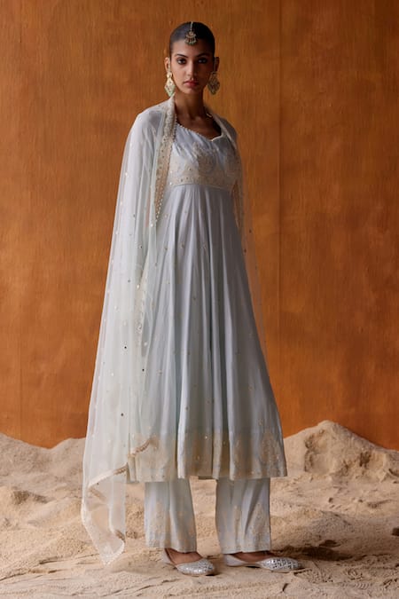 Shop Preevin Blue Cotton, Tulle, Net Embroidery, Mirrors Gul Thread And Work Anarkali Set Online at Aza Fashions Shop_Preevin_Blue Cotton, Tulle, Net Embroidery, Mirrors Gul Thread And Work Anarkali Set _Online_at_Aza_Fashions