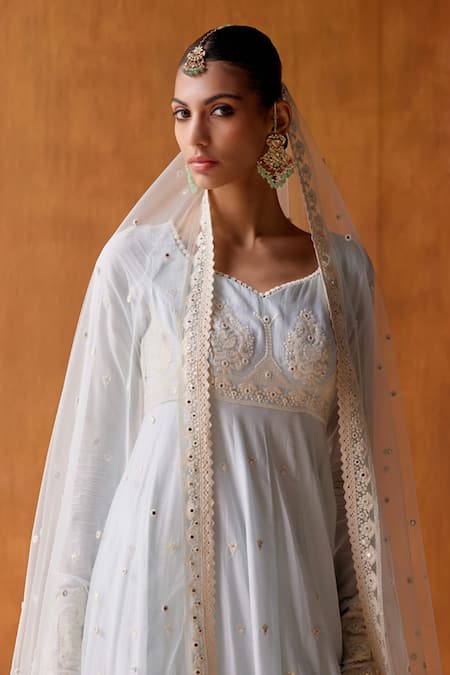 Preevin Blue Cotton, Tulle, Net Embroidery, Mirrors Gul Thread And Work Anarkali Set at Aza Fashions Preevin_Blue Cotton, Tulle, Net Embroidery, Mirrors Gul Thread And Work Anarkali Set _at_Aza_Fashions