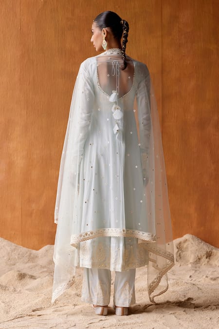 Shop Preevin Blue Cotton, Tulle, Net Embroidery, Mirrors Gul Thread And Work Anarkali Set at Aza Fashions Shop_Preevin_Blue Cotton, Tulle, Net Embroidery, Mirrors Gul Thread And Work Anarkali Set _at_Aza_Fashions