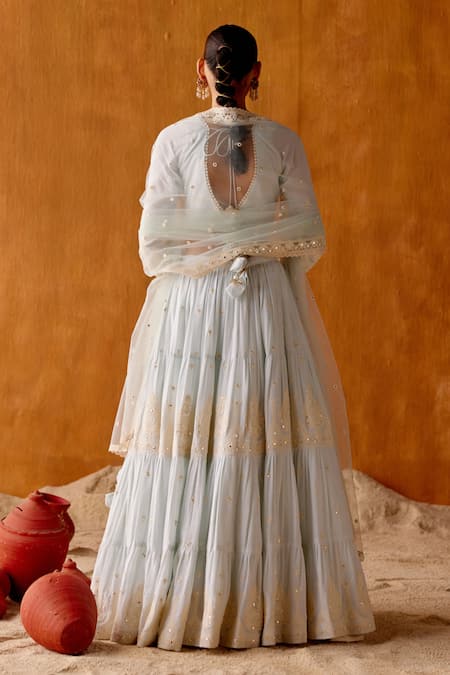 Preevin Gullista Thread & Mirror Work Tiered Lehenga Set 