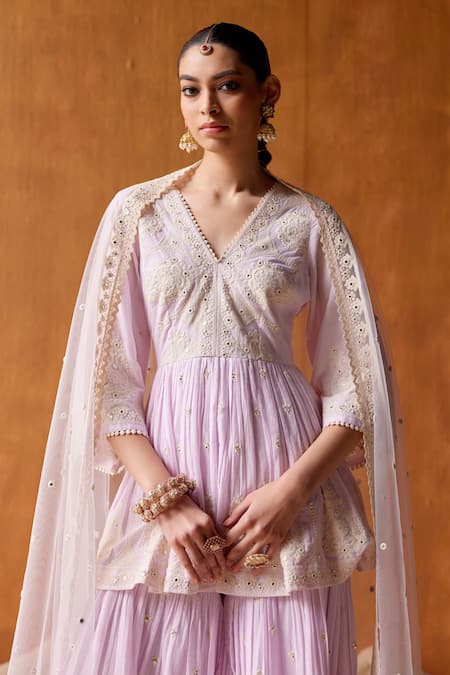 Preevin Purple Cotton, Tulle, Net Embroidery, Mirrors Tower Peplum Top Sharara Set Online at Aza Fashions Preevin_Purple Cotton, Tulle, Net Embroidery, Mirrors Tower Peplum Top Sharara Set _Online_at_Aza_Fashions