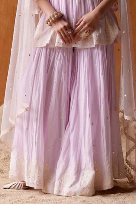 Buy Preevin Purple Cotton, Tulle, Net Embroidery, Mirrors Tower Peplum Top Sharara Set Online at Aza Fashions Buy_Preevin_Purple Cotton, Tulle, Net Embroidery, Mirrors Tower Peplum Top Sharara Set _Online_at_Aza_Fashions