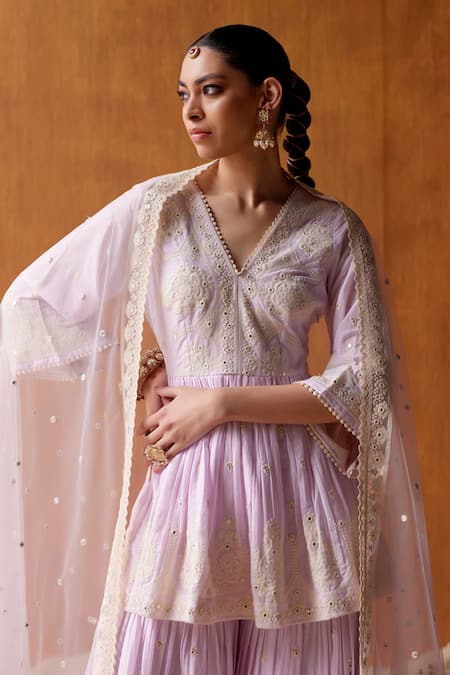 Shop Preevin Purple Cotton, Tulle, Net Embroidery, Mirrors Tower Peplum Top Sharara Set at Aza Fashions Shop_Preevin_Purple Cotton, Tulle, Net Embroidery, Mirrors Tower Peplum Top Sharara Set _at_Aza_Fashions