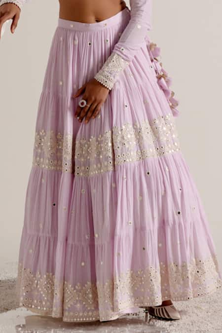 Preevin_Purple Cotton Mirrors, Embroidery And Thread Diamond Lehenga Set _Online_at_Aza_Fashions
