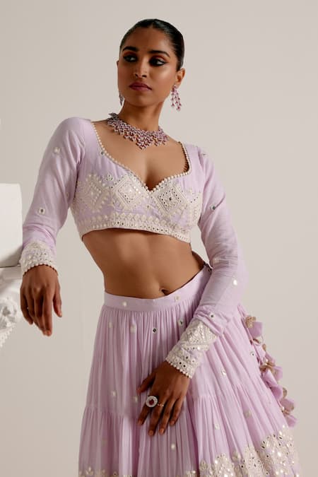 Buy_Preevin_Purple Cotton Mirrors, Embroidery And Thread Diamond Lehenga Set _Online_at_Aza_Fashions