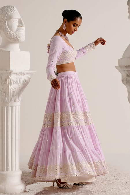 Shop_Preevin_Purple Cotton Mirrors, Embroidery And Thread Diamond Lehenga Set _Online_at_Aza_Fashions