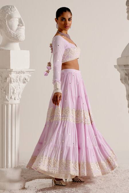 Preevin_Purple Cotton Mirrors, Embroidery And Thread Diamond Lehenga Set _at_Aza_Fashions
