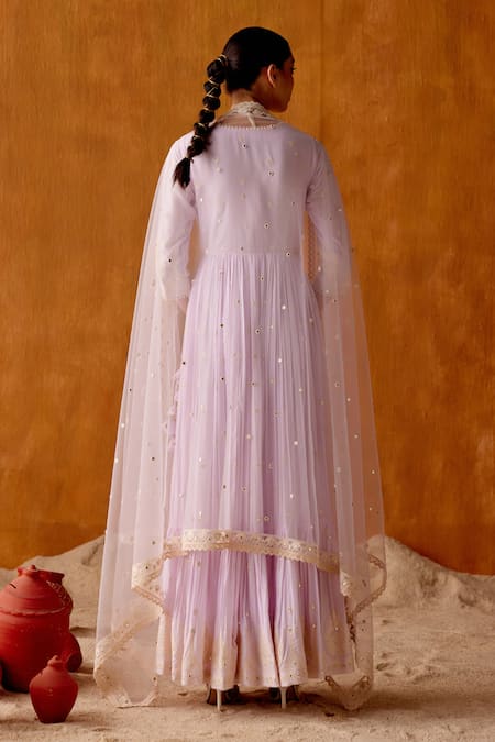 Shop Preevin Purple Cotton, Tulle, Net Mirrors, Tower Angarkha Anarkali With Dupatta at Aza Fashions Shop_Preevin_Purple Cotton, Tulle, Net Mirrors, Tower Angarkha Anarkali With Dupatta _at_Aza_Fashions
