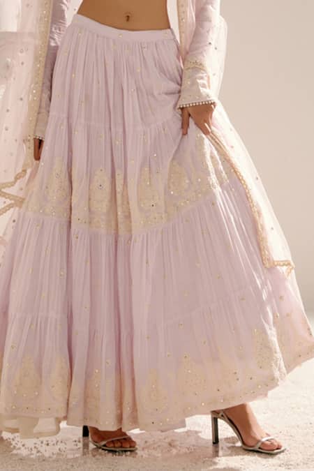 Preevin_Purple Cotton, Tulle, Net Mirrors, Embroidery And Thread Work Tower Lehenga Set _Online_at_Aza_Fashions