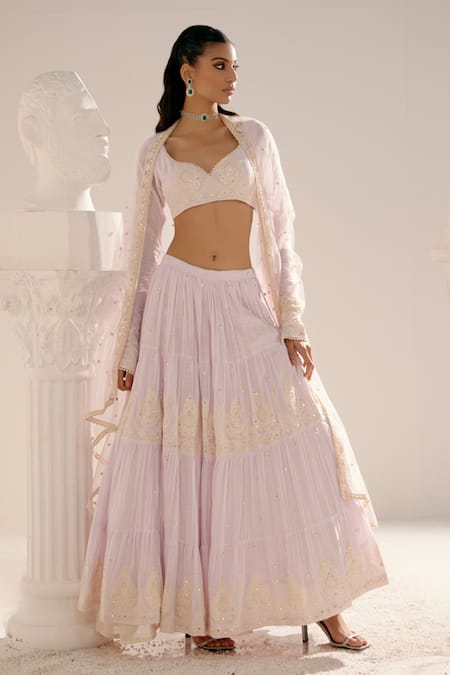 Buy_Preevin_Purple Cotton, Tulle, Net Mirrors, Embroidery And Thread Work Tower Lehenga Set _Online_at_Aza_Fashions