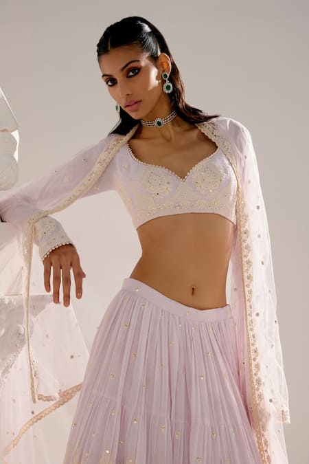 Shop_Preevin_Purple Cotton, Tulle, Net Mirrors, Embroidery And Thread Work Tower Lehenga Set _Online_at_Aza_Fashions