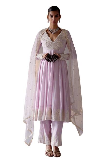 Preevin Purple Cotton, Tulle, Net Embroidery, Mirrors V-neck Anarkali Pant Set Online at Aza Fashions Preevin_Purple Cotton, Tulle, Net Embroidery, Mirrors V-neck Anarkali Pant Set _Online_at_Aza_Fashions