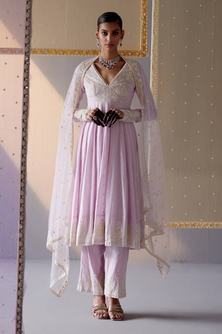 Buy Preevin Purple Cotton, Tulle, Net Embroidery, Mirrors V-neck Anarkali Pant Set Online at Aza Fashions Buy_Preevin_Purple Cotton, Tulle, Net Embroidery, Mirrors V-neck Anarkali Pant Set _Online_at_Aza_Fashions