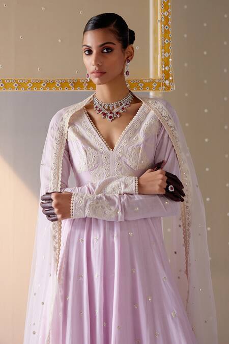 Shop Preevin Purple Cotton, Tulle, Net Embroidery, Mirrors V-neck Anarkali Pant Set Online at Aza Fashions Shop_Preevin_Purple Cotton, Tulle, Net Embroidery, Mirrors V-neck Anarkali Pant Set _Online_at_Aza_Fashions