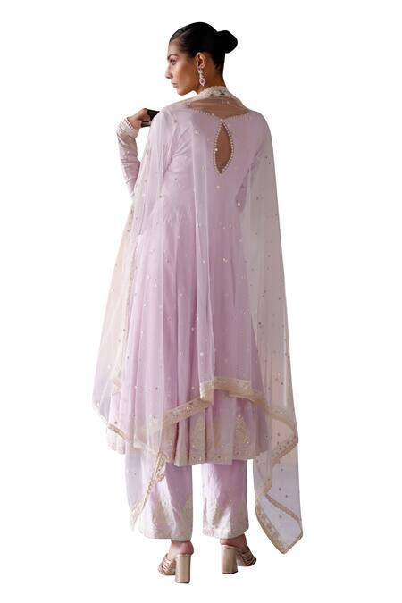 Preevin Purple Cotton, Tulle, Net Embroidery, Mirrors V-neck Anarkali Pant Set at Aza Fashions Preevin_Purple Cotton, Tulle, Net Embroidery, Mirrors V-neck Anarkali Pant Set _at_Aza_Fashions