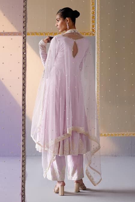 Shop Preevin Purple Cotton, Tulle, Net Embroidery, Mirrors V-neck Anarkali Pant Set at Aza Fashions Shop_Preevin_Purple Cotton, Tulle, Net Embroidery, Mirrors V-neck Anarkali Pant Set _at_Aza_Fashions