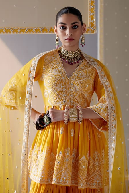Buy_Preevin_Yellow Cotton, Tulle, Net Embroidery, And Thread Work Peplum Top Sharara Set _Online_at_Aza_Fashions