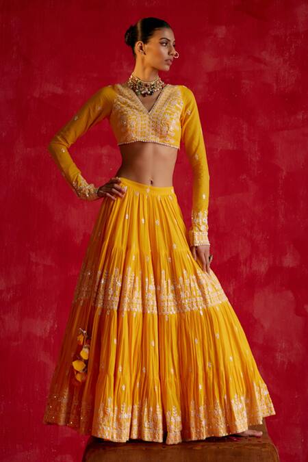 Preevin_Yellow Cotton, Tulle, Net Mirrors, Embroidery V-neck Pleated Lotus Lehenga Set _Online_at_Aza_Fashions