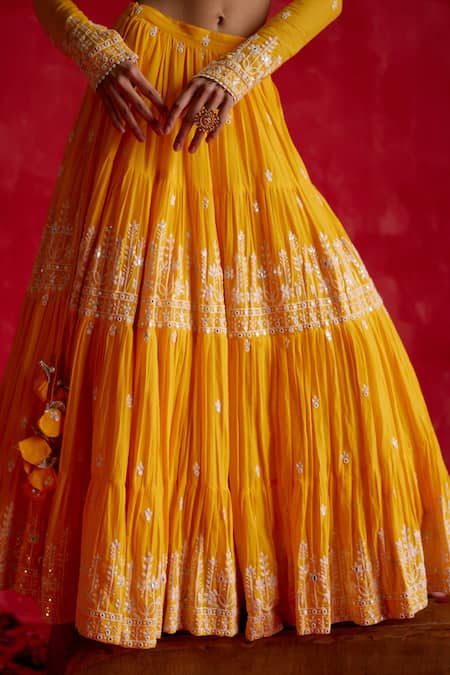 Buy_Preevin_Yellow Cotton, Tulle, Net Mirrors, Embroidery V-neck Pleated Lotus Lehenga Set _Online_at_Aza_Fashions