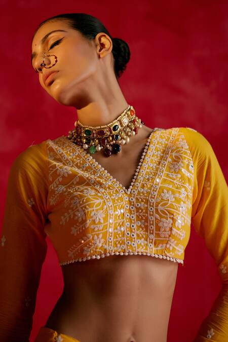 Shop_Preevin_Yellow Cotton, Tulle, Net Mirrors, Embroidery V-neck Pleated Lotus Lehenga Set _Online_at_Aza_Fashions
