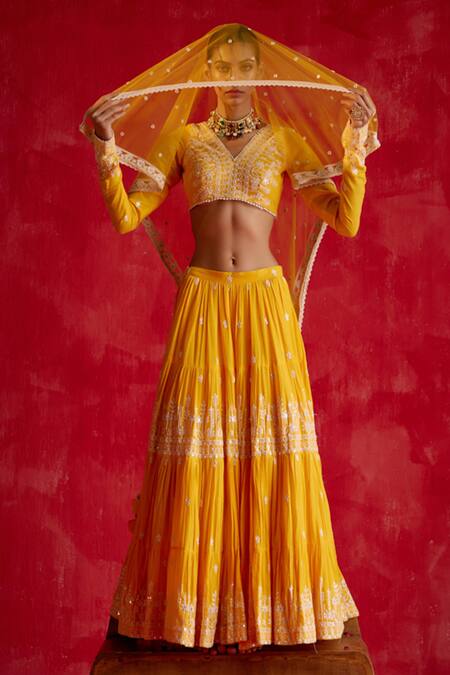 Preevin_Yellow Cotton, Tulle, Net Mirrors, Embroidery V-neck Pleated Lotus Lehenga Set _at_Aza_Fashions