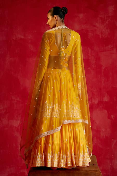 Shop_Preevin_Yellow Cotton, Tulle, Net Mirrors, Embroidery V-neck Pleated Lotus Lehenga Set _at_Aza_Fashions
