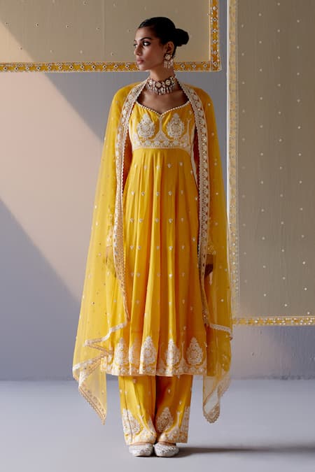 PREEVIN Yellow Anarkali And Pant Cotton Mulmul Embroidered Mirror & Thread Tower Set