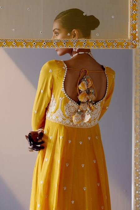 Preevin Yellow Cotton, Tulle, Net Mirrors, Embroidery And Thread Tower Anarkali Pant Set Online at Aza Fashions Preevin_Yellow Cotton, Tulle, Net Mirrors, Embroidery And Thread Tower Anarkali Pant Set _Online_at_Aza_Fashions