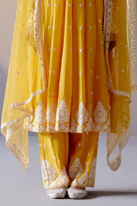 Buy Preevin Yellow Cotton, Tulle, Net Mirrors, Embroidery And Thread Tower Anarkali Pant Set Online at Aza Fashions Buy_Preevin_Yellow Cotton, Tulle, Net Mirrors, Embroidery And Thread Tower Anarkali Pant Set _Online_at_Aza_Fashions