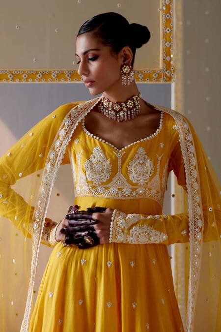 Shop Preevin Yellow Cotton, Tulle, Net Mirrors, Embroidery And Thread Tower Anarkali Pant Set Online at Aza Fashions Shop_Preevin_Yellow Cotton, Tulle, Net Mirrors, Embroidery And Thread Tower Anarkali Pant Set _Online_at_Aza_Fashions