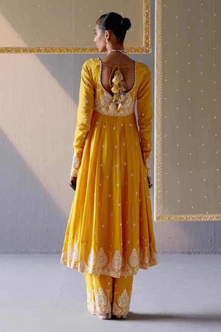 Shop Preevin Yellow Cotton, Tulle, Net Mirrors, Embroidery And Thread Tower Anarkali Pant Set at Aza Fashions Shop_Preevin_Yellow Cotton, Tulle, Net Mirrors, Embroidery And Thread Tower Anarkali Pant Set _at_Aza_Fashions