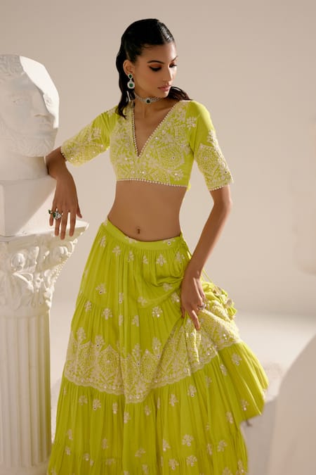 Preevin_Green Cotton, Tulle, Net Mirrors, Embroidery V-neck Ambi Lehenga Set _Online_at_Aza_Fashions