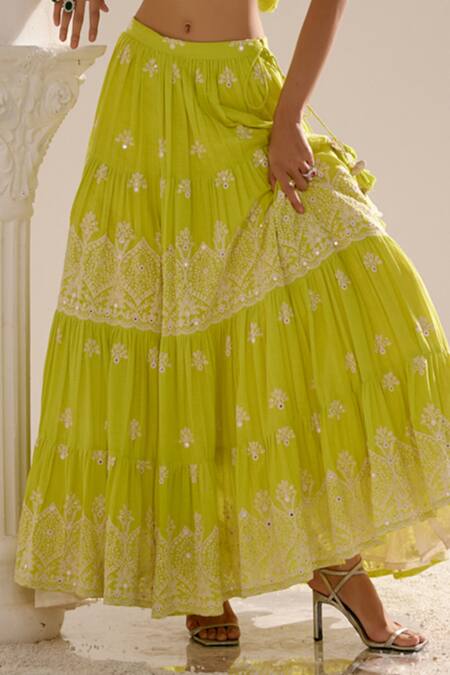 Buy_Preevin_Green Cotton, Tulle, Net Mirrors, Embroidery V-neck Ambi Lehenga Set _Online_at_Aza_Fashions