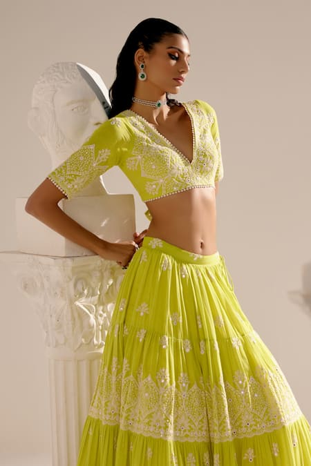Shop_Preevin_Green Cotton, Tulle, Net Mirrors, Embroidery V-neck Ambi Lehenga Set _Online_at_Aza_Fashions