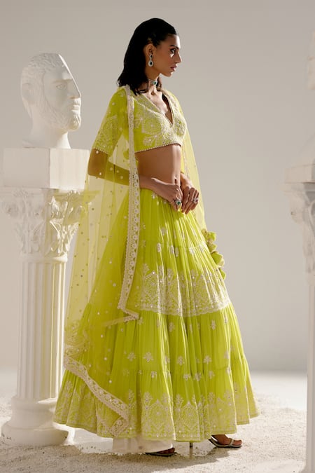 Preevin_Green Cotton, Tulle, Net Mirrors, Embroidery V-neck Ambi Lehenga Set _at_Aza_Fashions