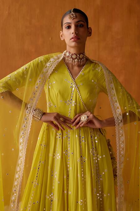 Preevin Green Cotton, Tulle, Net Mirrors, Embroidery Big Flower Angarkha With Dupatta Online at Aza Fashions Preevin_Green Cotton, Tulle, Net Mirrors, Embroidery Big Flower Angarkha With Dupatta _Online_at_Aza_Fashions