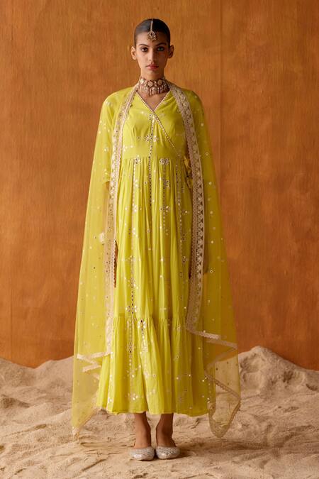 Buy Preevin Green Cotton, Tulle, Net Mirrors, Embroidery Big Flower Angarkha With Dupatta Online at Aza Fashions Buy_Preevin_Green Cotton, Tulle, Net Mirrors, Embroidery Big Flower Angarkha With Dupatta _Online_at_Aza_Fashions