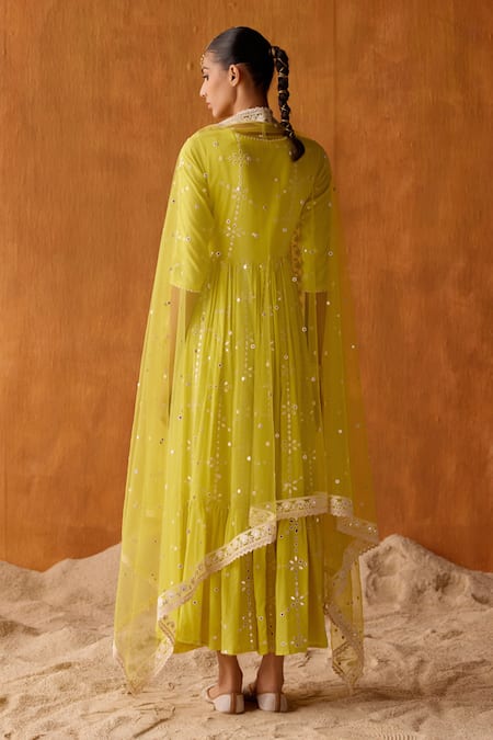 Shop Preevin Green Cotton, Tulle, Net Mirrors, Embroidery Big Flower Angarkha With Dupatta at Aza Fashions Shop_Preevin_Green Cotton, Tulle, Net Mirrors, Embroidery Big Flower Angarkha With Dupatta _at_Aza_Fashions