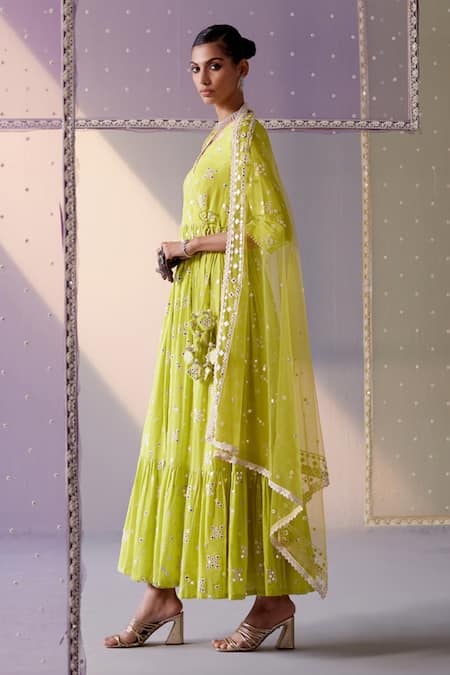 Preevin Green Cotton, Tulle, Net Mirrors, Big Kite Angarkha Anarkali With Dupatta Online at Aza Fashions Preevin_Green Cotton, Tulle, Net Mirrors, Big Kite Angarkha Anarkali With Dupatta _Online_at_Aza_Fashions