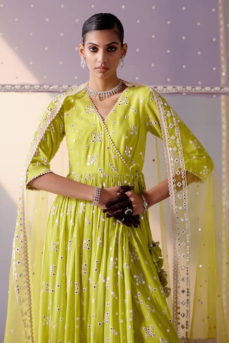 Buy Preevin Green Cotton, Tulle, Net Mirrors, Big Kite Angarkha Anarkali With Dupatta Online at Aza Fashions Buy_Preevin_Green Cotton, Tulle, Net Mirrors, Big Kite Angarkha Anarkali With Dupatta _Online_at_Aza_Fashions