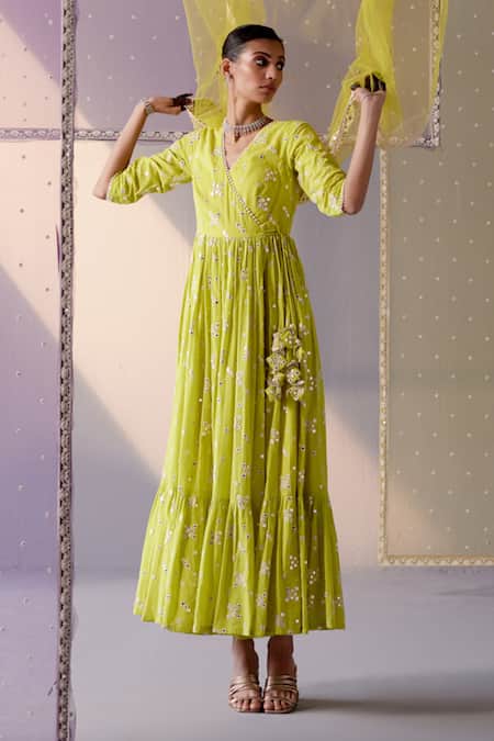 Shop Preevin Green Cotton, Tulle, Net Mirrors, Big Kite Angarkha Anarkali With Dupatta Online at Aza Fashions Shop_Preevin_Green Cotton, Tulle, Net Mirrors, Big Kite Angarkha Anarkali With Dupatta _Online_at_Aza_Fashions