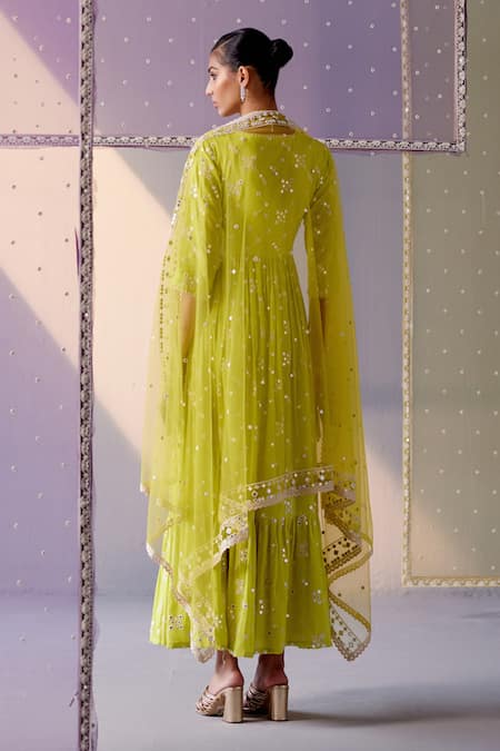 Shop Preevin Green Cotton, Tulle, Net Mirrors, Big Kite Angarkha Anarkali With Dupatta at Aza Fashions Shop_Preevin_Green Cotton, Tulle, Net Mirrors, Big Kite Angarkha Anarkali With Dupatta _at_Aza_Fashions