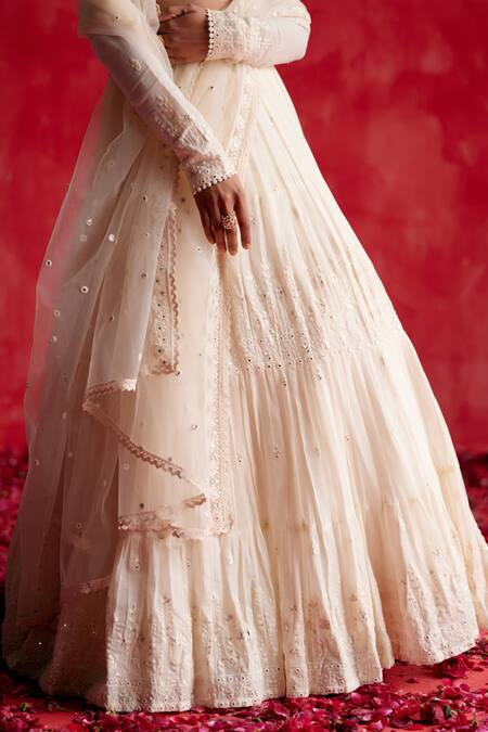 Preevin_Off White Cotton, Tulle, Net Mirrors, Embroidery V-neck Lotus Lehenga Set _Online_at_Aza_Fashions