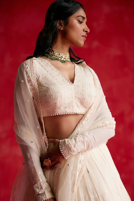 Buy_Preevin_Off White Cotton, Tulle, Net Mirrors, Embroidery V-neck Lotus Lehenga Set _Online_at_Aza_Fashions