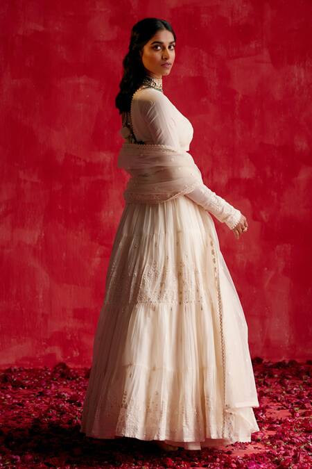 Shop_Preevin_Off White Cotton, Tulle, Net Mirrors, Embroidery V-neck Lotus Lehenga Set _Online_at_Aza_Fashions
