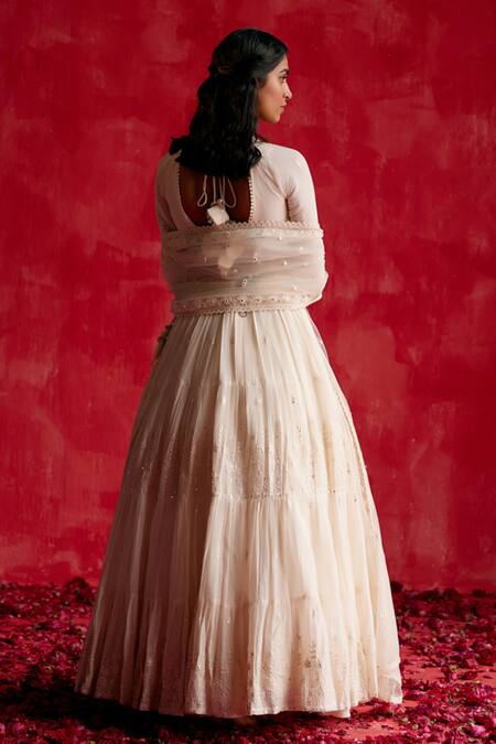 Shop_Preevin_Off White Cotton, Tulle, Net Mirrors, Embroidery V-neck Lotus Lehenga Set _at_Aza_Fashions