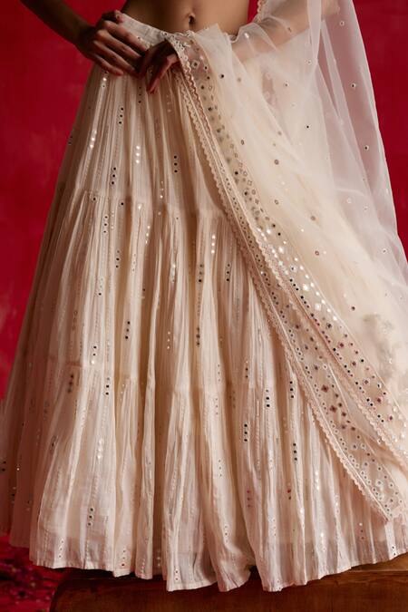 Preevin_Off White Cotton, Tulle, Net Mirrors, Embroidery 3d And Thread Lehenga Set _Online_at_Aza_Fashions