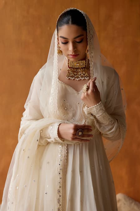 Preevin Off White Cotton, Tulle, Net Mirrors, Embroidery Round Tower Anarkali Pant Set Online at Aza Fashions Preevin_Off White Cotton, Tulle, Net Mirrors, Embroidery Round Tower Anarkali Pant Set _Online_at_Aza_Fashions