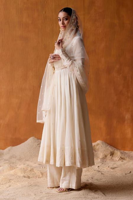 Buy Preevin Off White Cotton, Tulle, Net Mirrors, Embroidery Round Tower Anarkali Pant Set Online at Aza Fashions Buy_Preevin_Off White Cotton, Tulle, Net Mirrors, Embroidery Round Tower Anarkali Pant Set _Online_at_Aza_Fashions