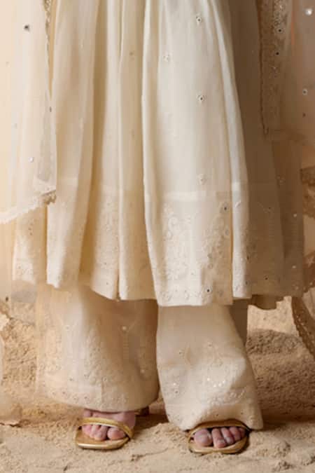 Shop Preevin Off White Cotton, Tulle, Net Mirrors, Embroidery Round Tower Anarkali Pant Set Online at Aza Fashions Shop_Preevin_Off White Cotton, Tulle, Net Mirrors, Embroidery Round Tower Anarkali Pant Set _Online_at_Aza_Fashions